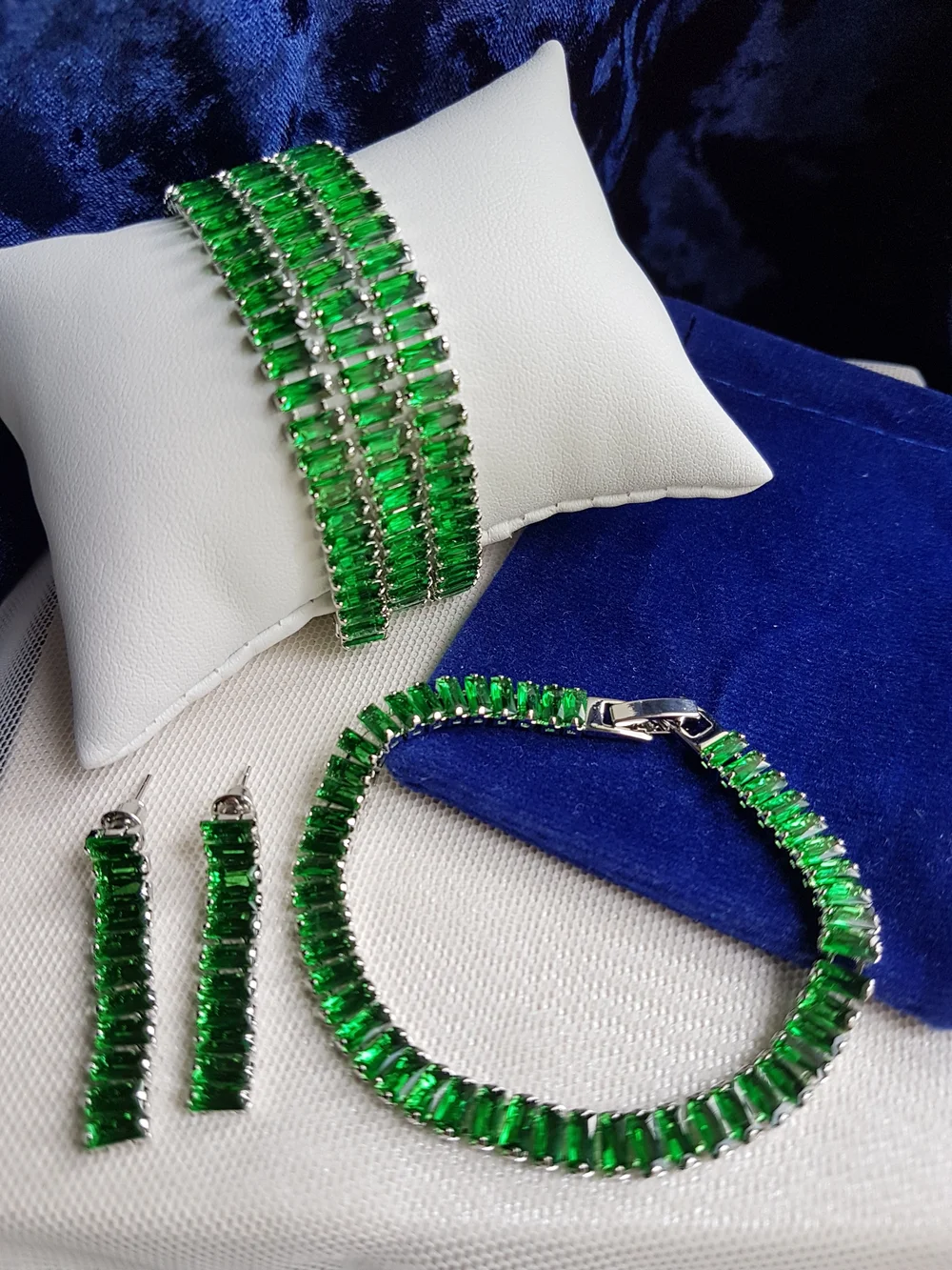 Swarovski Elements Silver Emerald Green Emerald-cut Baguette Tennis Bracelet NEW